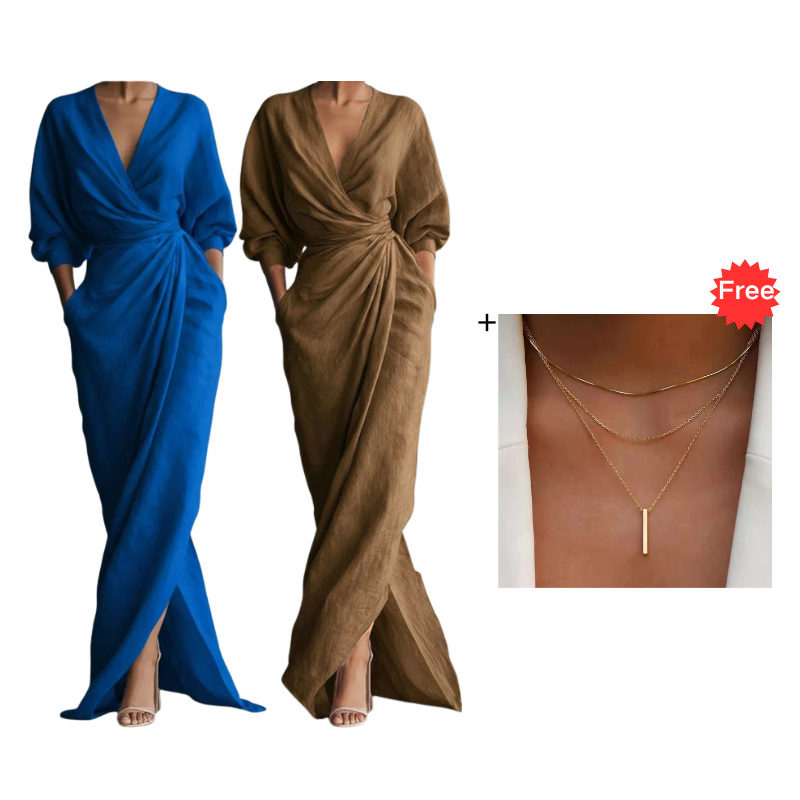 ⌛Befristetes 52 % Angebot – Elegantes V-Ausschnitt Wickel-Maxikleid für Damen👗✨