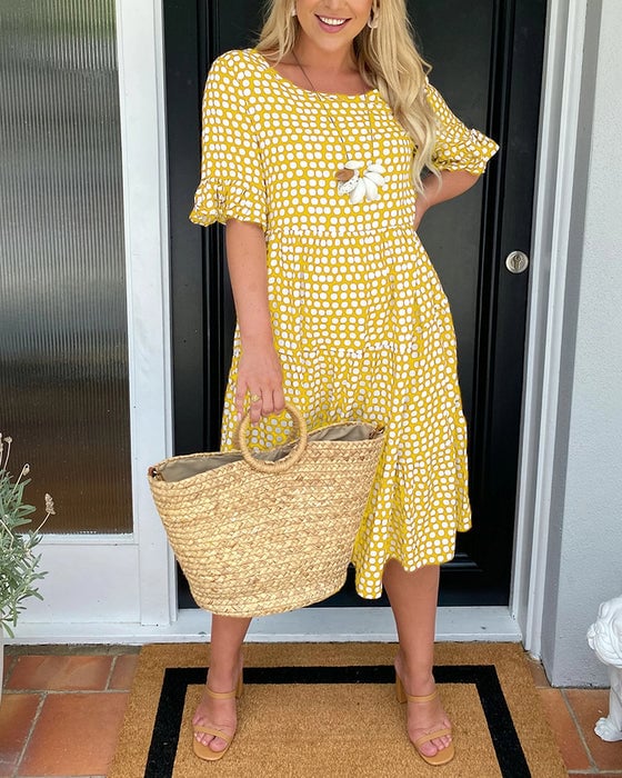 🔥Mega Sale 50% RABATT!!💕Damen Polka Dot Midikleid | Elegantes Rundhals & Atmungsaktives Sommer A-Linien Kleid | Schickes Freizeit Mary Kleid für Strand & Stadtbummel