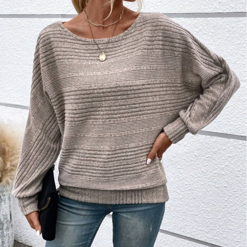 🌹Herbst-Sale - 49% Rabatt🌹Uni Langarm-Oberteil mit Rundhalsausschnitt und Streifenmuster