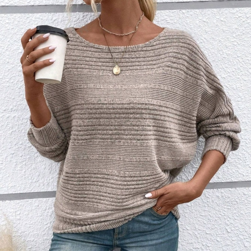 🌹Herbst-Sale - 49% Rabatt🌹Uni Langarm-Oberteil mit Rundhalsausschnitt und Streifenmuster