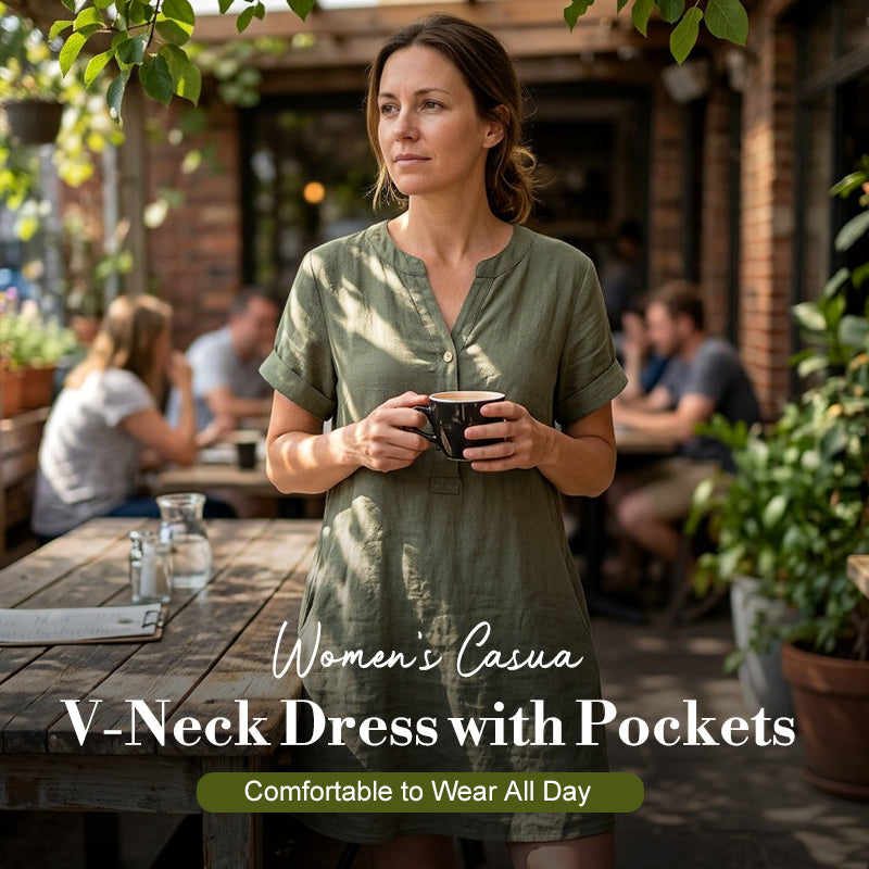 🏖️50% RABATT!👗Damen V-Ausschnitt Tunikakleid – lockere Passform, Taschen & atmungsaktiv