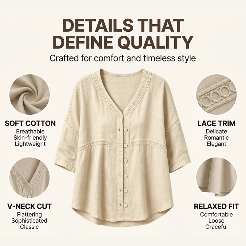 👚Women's V-Neck Lace Trim Button-Down Blouse– Elegant Everyday Top✨