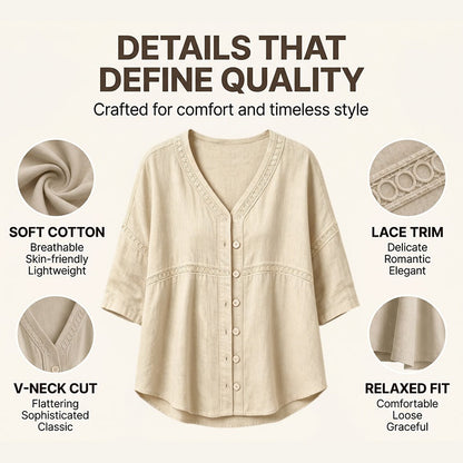 👚Women's V-Neck Lace Trim Button-Down Blouse– Elegant Everyday Top✨