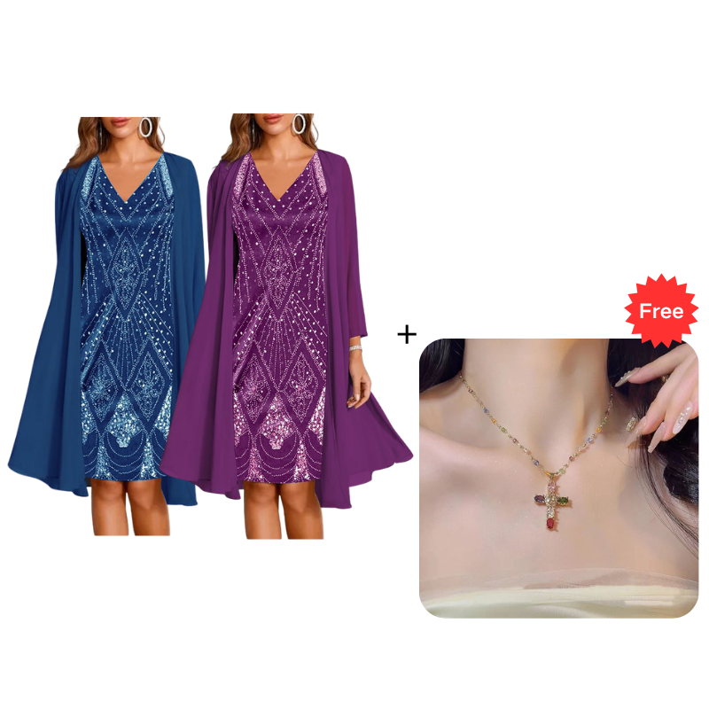 🔥Zeitlich begrenztes Angebot – Damen-Set aus Langarmkleid mit Muster und Strickjacke, 2-teilig✨