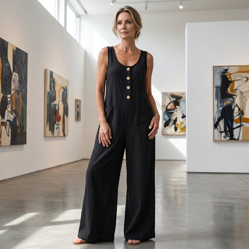 🌿Damen Ärmelloser Jumpsuit mit weitem Bein und Taschen – Schick, bequem & mühelos