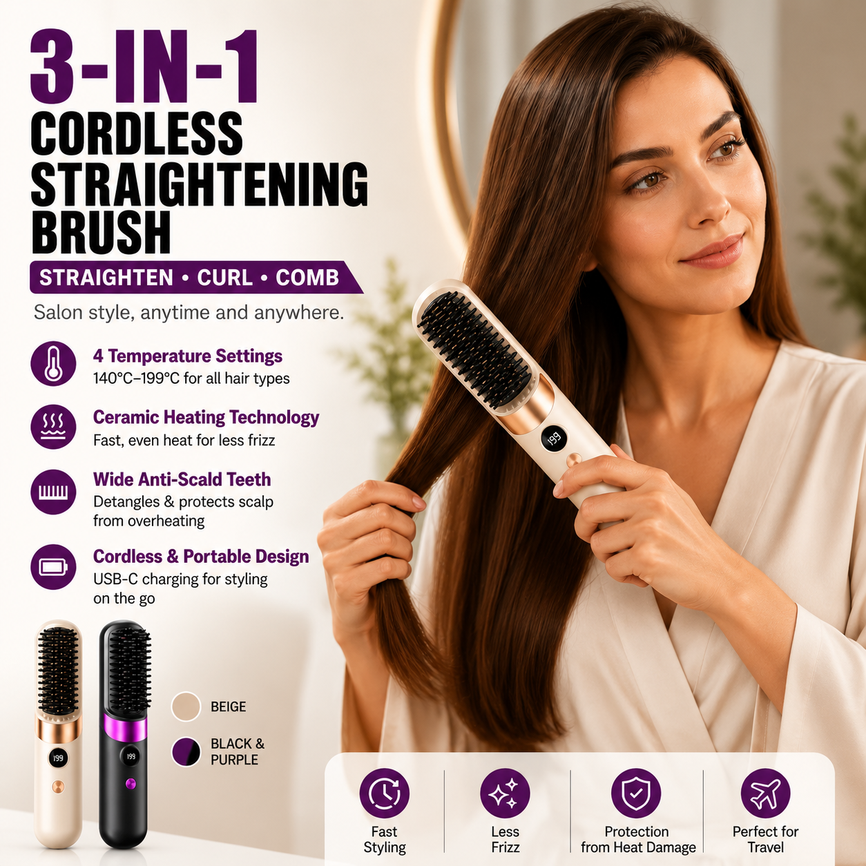 💇‍♀️🔥 3-in-1 Kabellose Haarglättbürste – Glätten, Locken & Entwirren – USB-C wiederaufladbar mit 4 Heizstufen – Perfekte Haare überall! ✨