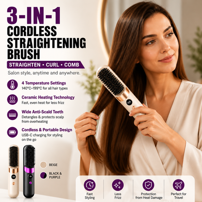 💇‍♀️🔥 3-in-1 Kabellose Haarglättbürste – Glätten, Locken & Entwirren – USB-C wiederaufladbar mit 4 Heizstufen – Perfekte Haare überall! ✨