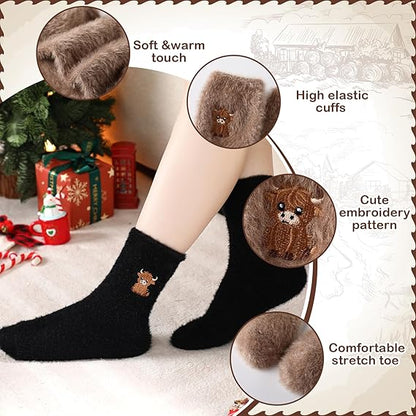 ⏳LETZTER TAG WARMER WINTER SALE 50 % RABATT!🔥🐮5 Paar flauschige Highland-Kuh bestickte Plüschsocken