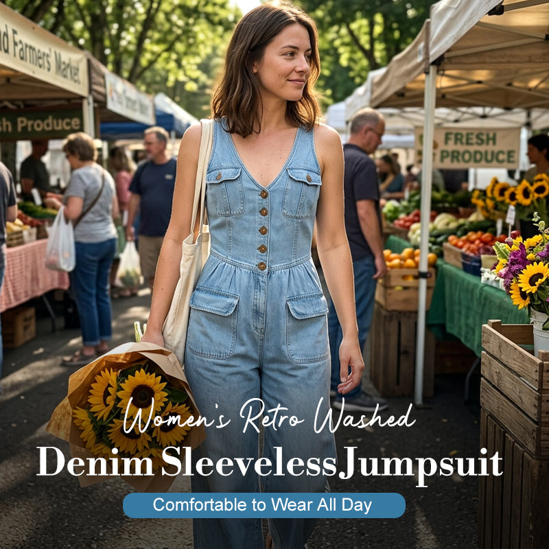⏳Zeitlich begrenztes Angebot⏰Damen-Jeans-Jumpsuit – Ärmellos, V-Ausschnitt, weites Bein 💫