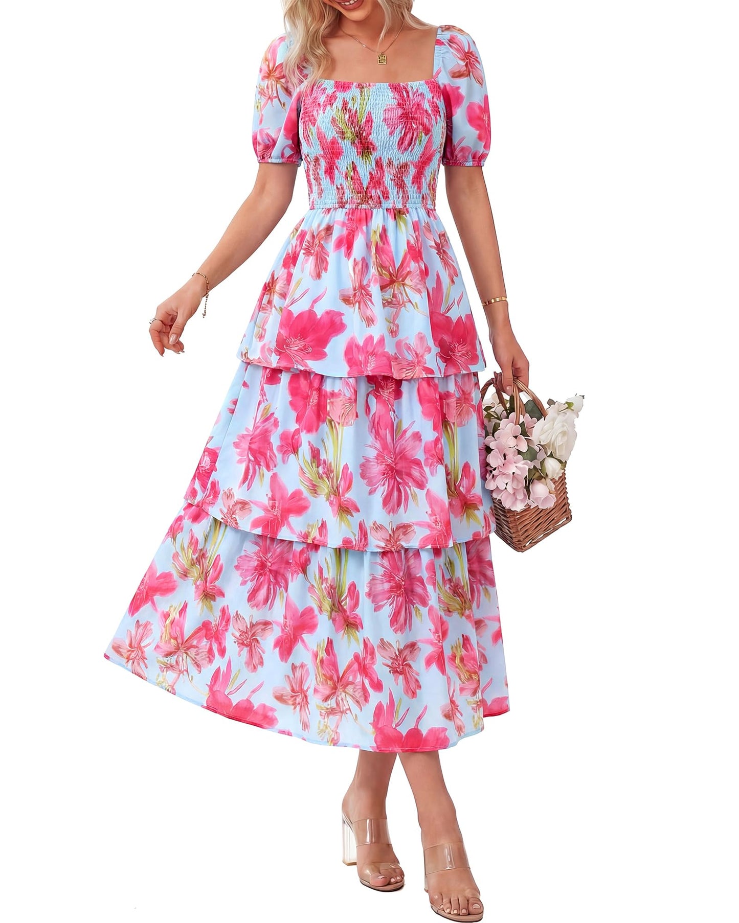 ⏰Sommer-Hot-Sale 50% RABATT💃Damenkleid mit Blumenmuster, eckigem Ausschnitt, Puffärmeln und gerafften Stufen