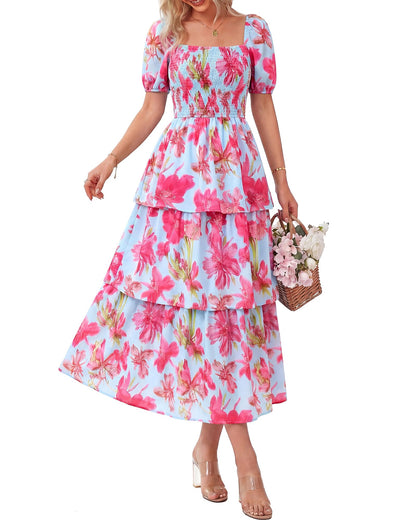 ⏰Sommer-Hot-Sale 50% RABATT💃Damenkleid mit Blumenmuster, eckigem Ausschnitt, Puffärmeln und gerafften Stufen