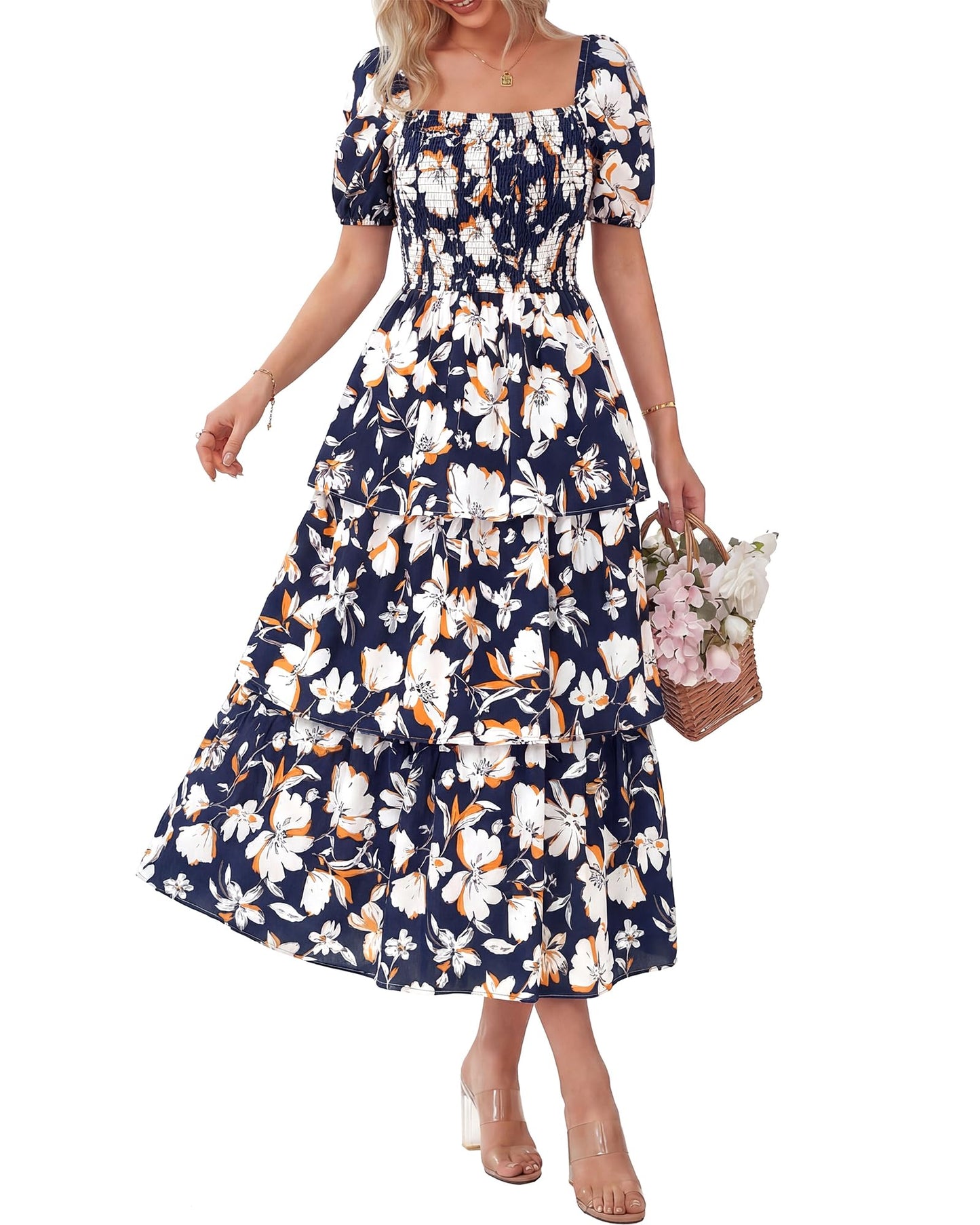 ⏰Sommer-Hot-Sale 50% RABATT💃Damenkleid mit Blumenmuster, eckigem Ausschnitt, Puffärmeln und gerafften Stufen
