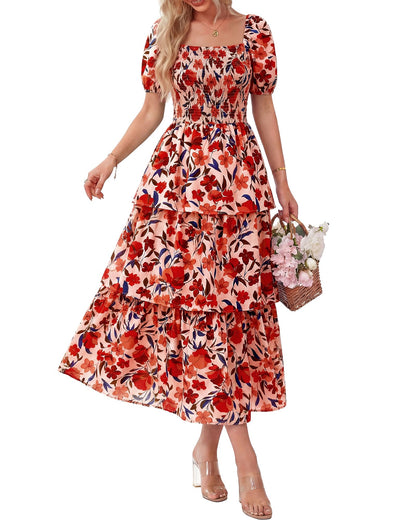 ⏰Sommer-Hot-Sale 50% RABATT💃Damenkleid mit Blumenmuster, eckigem Ausschnitt, Puffärmeln und gerafften Stufen