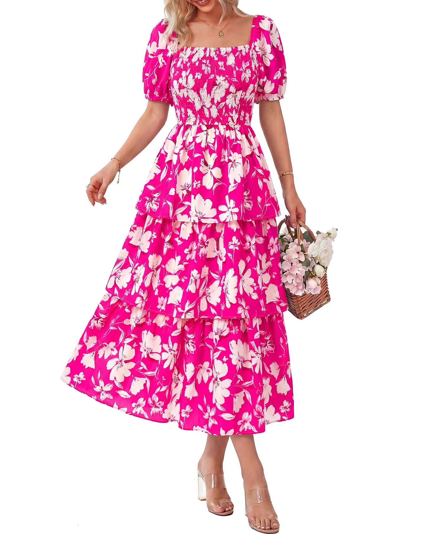 ⏰Sommer-Hot-Sale 50% RABATT💃Damenkleid mit Blumenmuster, eckigem Ausschnitt, Puffärmeln und gerafften Stufen