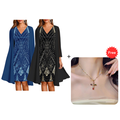 🔥Zeitlich begrenztes Angebot – Damen-Set aus Langarmkleid mit Muster und Strickjacke, 2-teilig✨