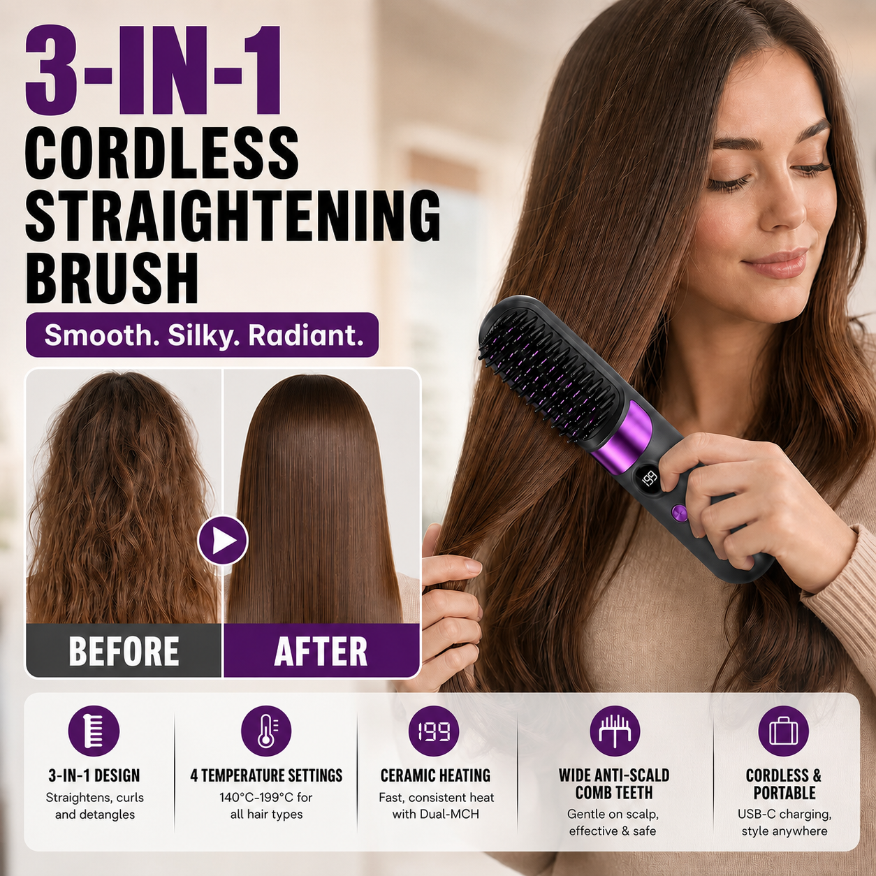 💇‍♀️🔥 3-in-1 Kabellose Haarglättbürste – Glätten, Locken & Entwirren – USB-C wiederaufladbar mit 4 Heizstufen – Perfekte Haare überall! ✨