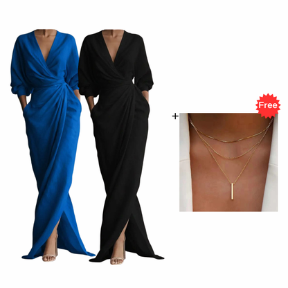 ⌛Befristetes 52 % Angebot – Elegantes V-Ausschnitt Wickel-Maxikleid für Damen👗✨