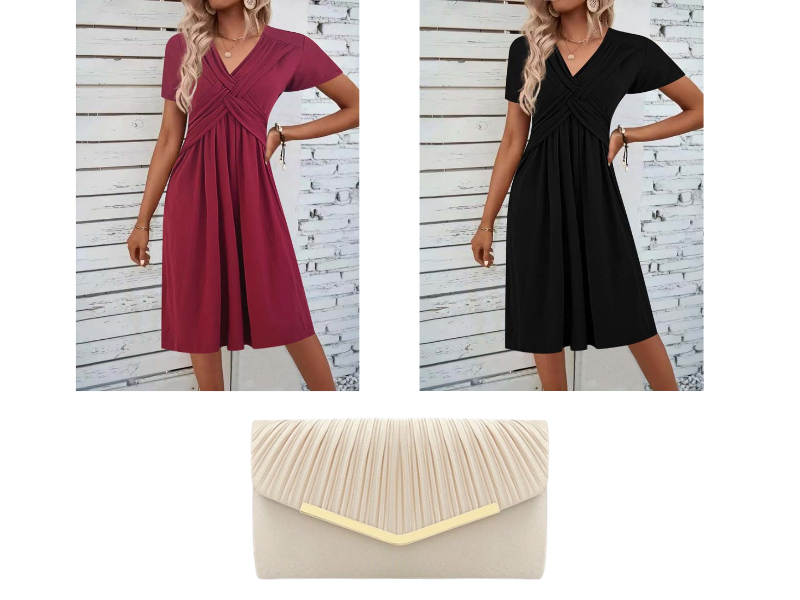 🔥 Zeitlich begrenzter Verkauf – Bis zu 50 % RABATT✨Damen V-Ausschnitt Wickelkleid mit Falten
