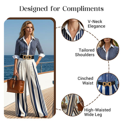 📢📢50% OFF !! ⏰✨ Sleek, Stylish, And Effortlessly Chic – Women's Striped Shirt & Wide-Leg Pants 2-Piece Set