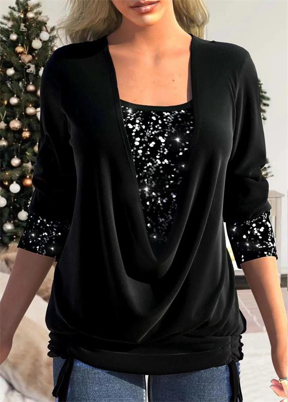 💖LAST DAY PROMOTION - 50%OFF💖 Sequin Loose Smocked Fake Two-Piece Top