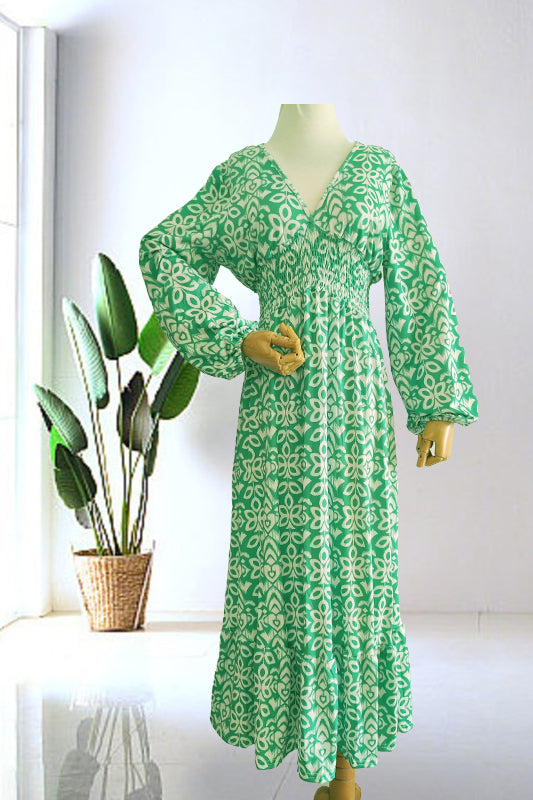 🔥Heißer Verkauf – 50% RABATT ✨ Langes Freizeitkleid mit V-Ausschnitt und Print – Mühelose Eleganz für sonnige Tage & besondere Momente 🌸