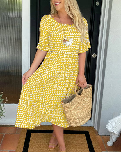 🔥Mega Sale 50% RABATT!!💕Damen Polka Dot Midikleid | Elegantes Rundhals & Atmungsaktives Sommer A-Linien Kleid | Schickes Freizeit Mary Kleid für Strand & Stadtbummel