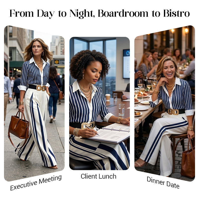 📢📢50% OFF !! ⏰✨ Sleek, Stylish, And Effortlessly Chic – Women's Striped Shirt & Wide-Leg Pants 2-Piece Set