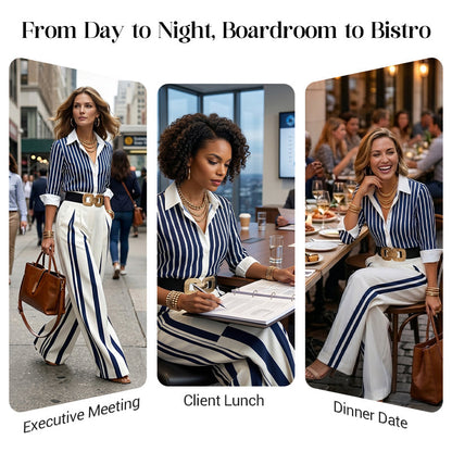 📢📢50% OFF !! ⏰✨ Sleek, Stylish, And Effortlessly Chic – Women's Striped Shirt & Wide-Leg Pants 2-Piece Set
