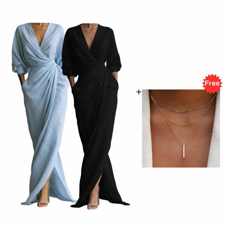 ⌛Befristetes 52 % Angebot – Elegantes V-Ausschnitt Wickel-Maxikleid für Damen👗✨