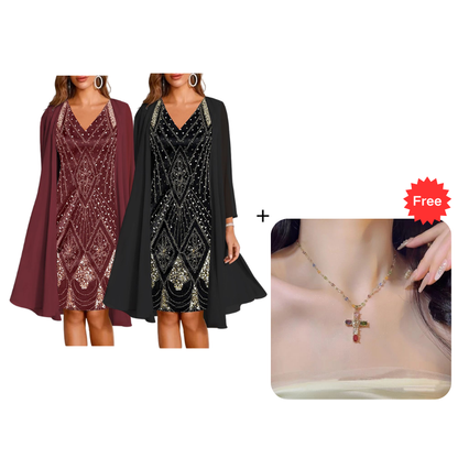 🔥Zeitlich begrenztes Angebot – Damen-Set aus Langarmkleid mit Muster und Strickjacke, 2-teilig✨