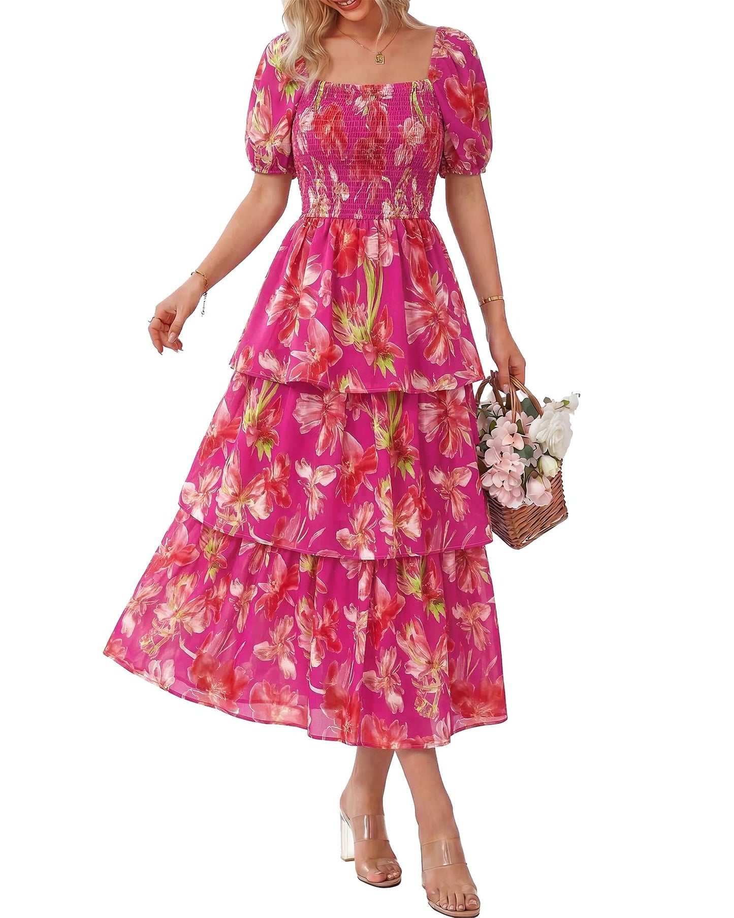 ⏰Sommer-Hot-Sale 50% RABATT💃Damenkleid mit Blumenmuster, eckigem Ausschnitt, Puffärmeln und gerafften Stufen