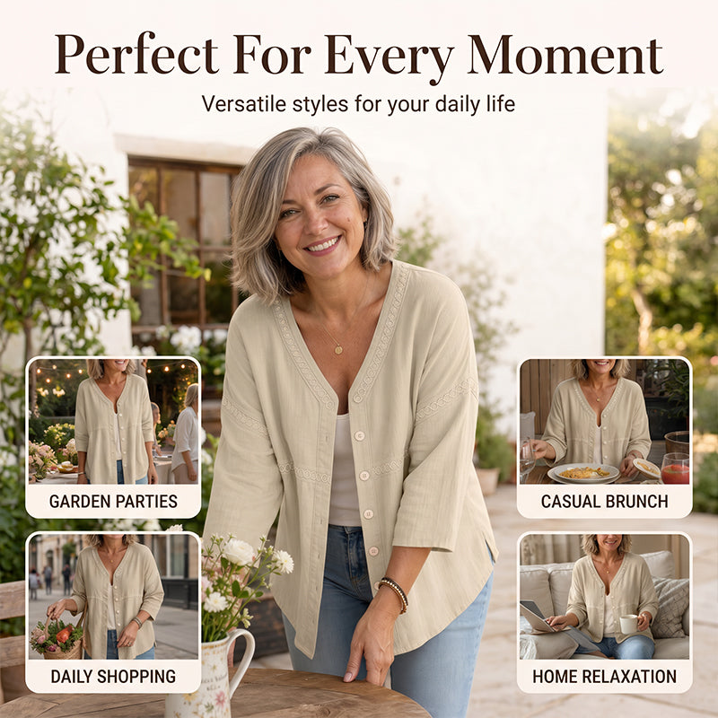 👚Women's V-Neck Lace Trim Button-Down Blouse– Elegant Everyday Top✨