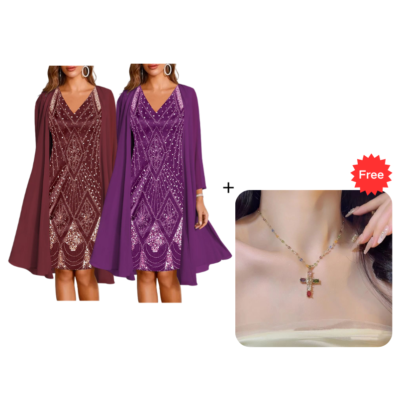 🔥Zeitlich begrenztes Angebot – Damen-Set aus Langarmkleid mit Muster und Strickjacke, 2-teilig✨