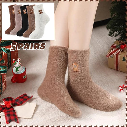 ⏳LETZTER TAG WARMER WINTER SALE 50 % RABATT!🔥🐮5 Paar flauschige Highland-Kuh bestickte Plüschsocken