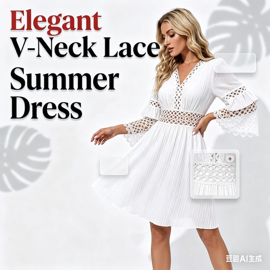 🌸Chic V-Neck Dress with Lace Cutout Details✨ Step Into Summer In Style