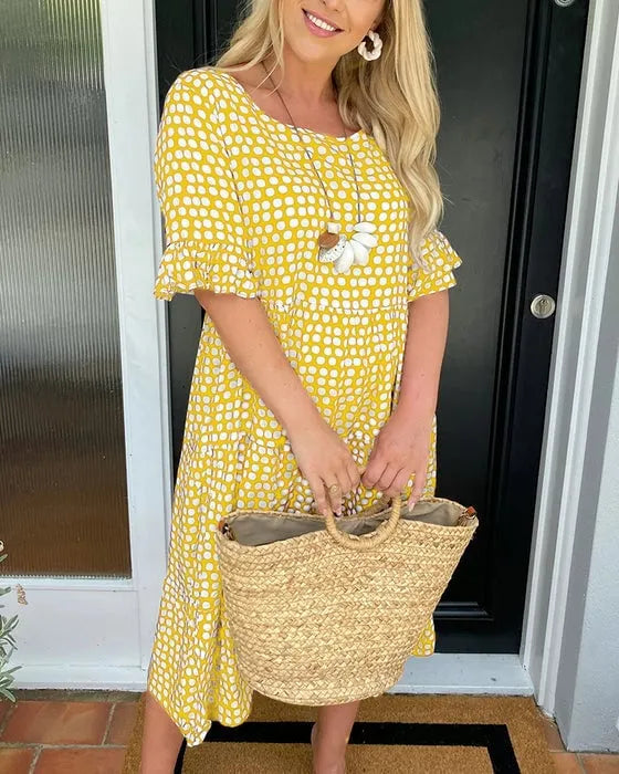 🔥Mega Sale 50% RABATT!!💕Damen Polka Dot Midikleid | Elegantes Rundhals & Atmungsaktives Sommer A-Linien Kleid | Schickes Freizeit Mary Kleid für Strand & Stadtbummel