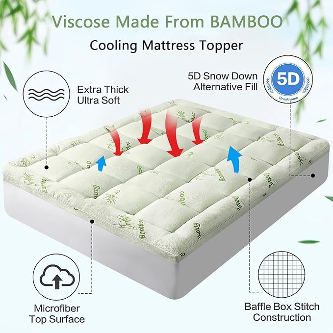 ⏰🔥LIMITED TIME 50% OFF! 💚 Premium Bamboo Viscose Twin Mattress Topper – Extra Thick 1200 GSM Quilted Pillow-Top for Ultimate Back Comfort 🛌🌸