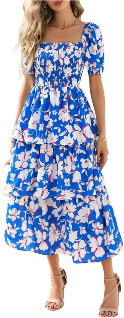 ⏰Sommer-Hot-Sale 50% RABATT💃Damenkleid mit Blumenmuster, eckigem Ausschnitt, Puffärmeln und gerafften Stufen