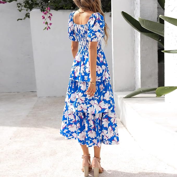 ⏰Sommer-Hot-Sale 50% RABATT💃Damenkleid mit Blumenmuster, eckigem Ausschnitt, Puffärmeln und gerafften Stufen