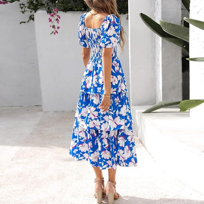 ⏰Sommer-Hot-Sale 50% RABATT💃Damenkleid mit Blumenmuster, eckigem Ausschnitt, Puffärmeln und gerafften Stufen