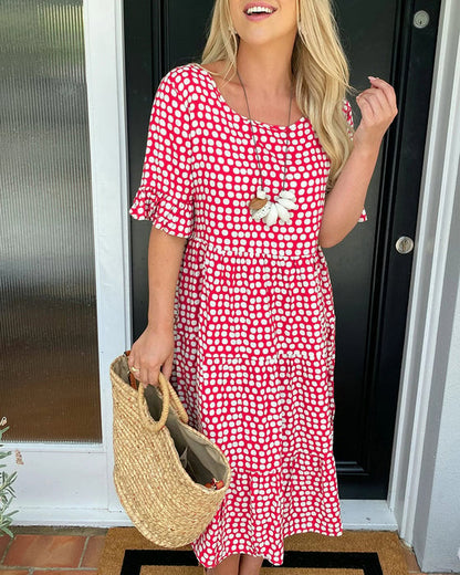 🔥Mega Sale 50% RABATT!!💕Damen Polka Dot Midikleid | Elegantes Rundhals & Atmungsaktives Sommer A-Linien Kleid | Schickes Freizeit Mary Kleid für Strand & Stadtbummel