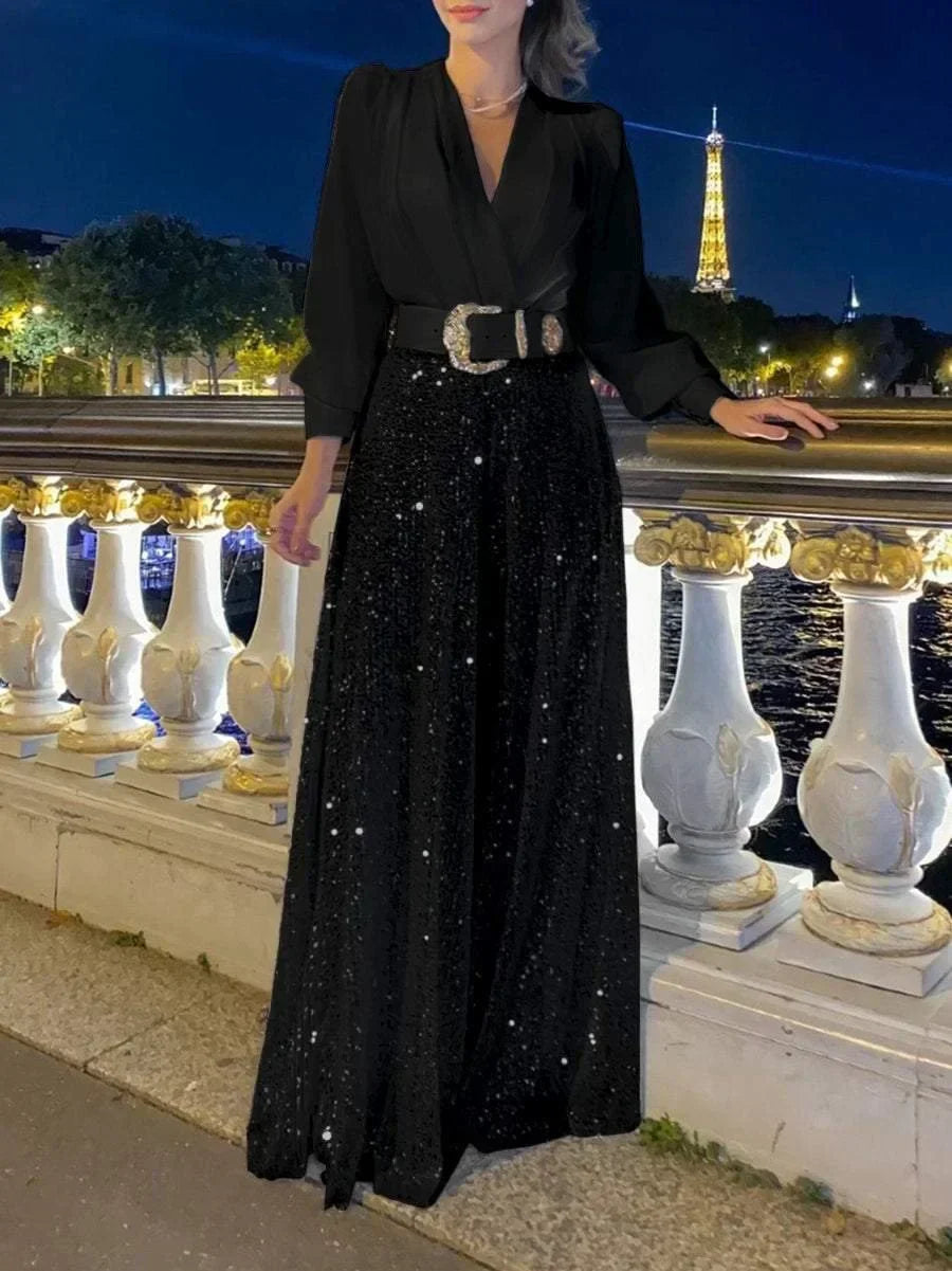 💖⚡Elegante Langarmbluse mit V-Ausschnitt und weiter Pailletten-Jumpsuit-Hose