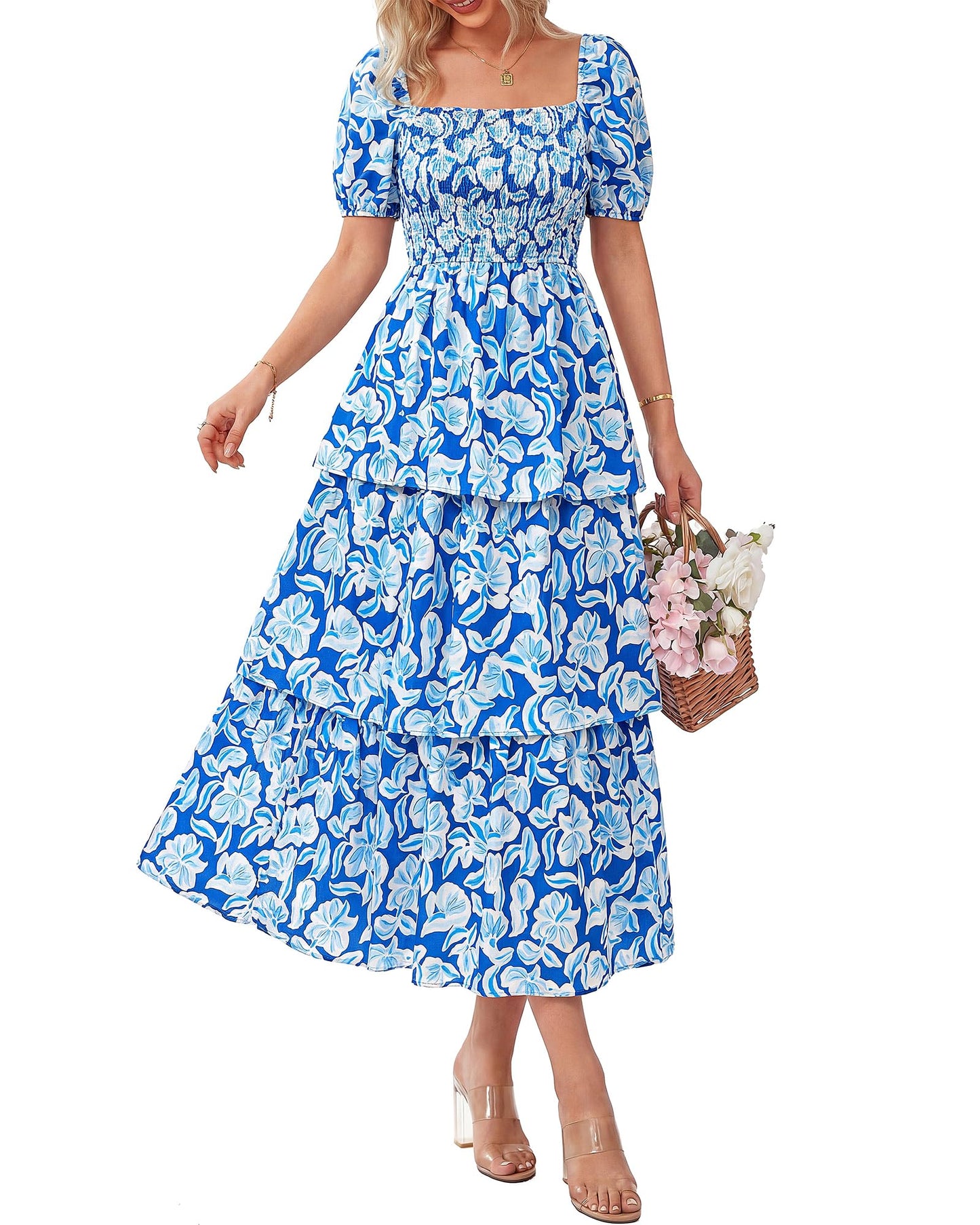 ⏰Sommer-Hot-Sale 50% RABATT💃Damenkleid mit Blumenmuster, eckigem Ausschnitt, Puffärmeln und gerafften Stufen