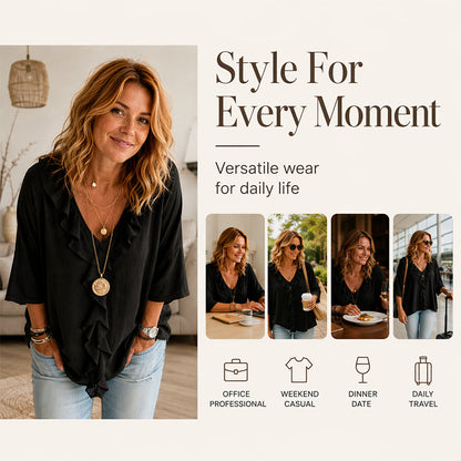 Trending Now⭐💫 Flowy V-Neck Top with Ruffle Accent – Versatile Solid Color That Pairs with Everything