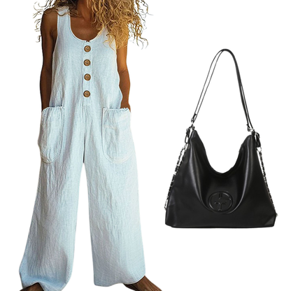 🌿Damen Ärmelloser Jumpsuit mit weitem Bein und Taschen – Schick, bequem & mühelos
