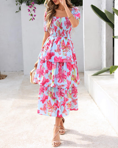 ⏰Sommer-Hot-Sale 50% RABATT💃Damenkleid mit Blumenmuster, eckigem Ausschnitt, Puffärmeln und gerafften Stufen