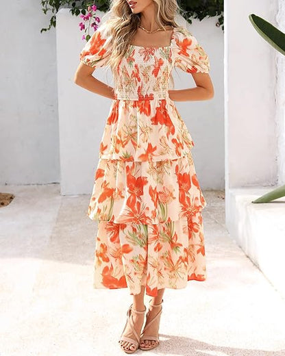 ⏰Sommer-Hot-Sale 50% RABATT💃Damenkleid mit Blumenmuster, eckigem Ausschnitt, Puffärmeln und gerafften Stufen