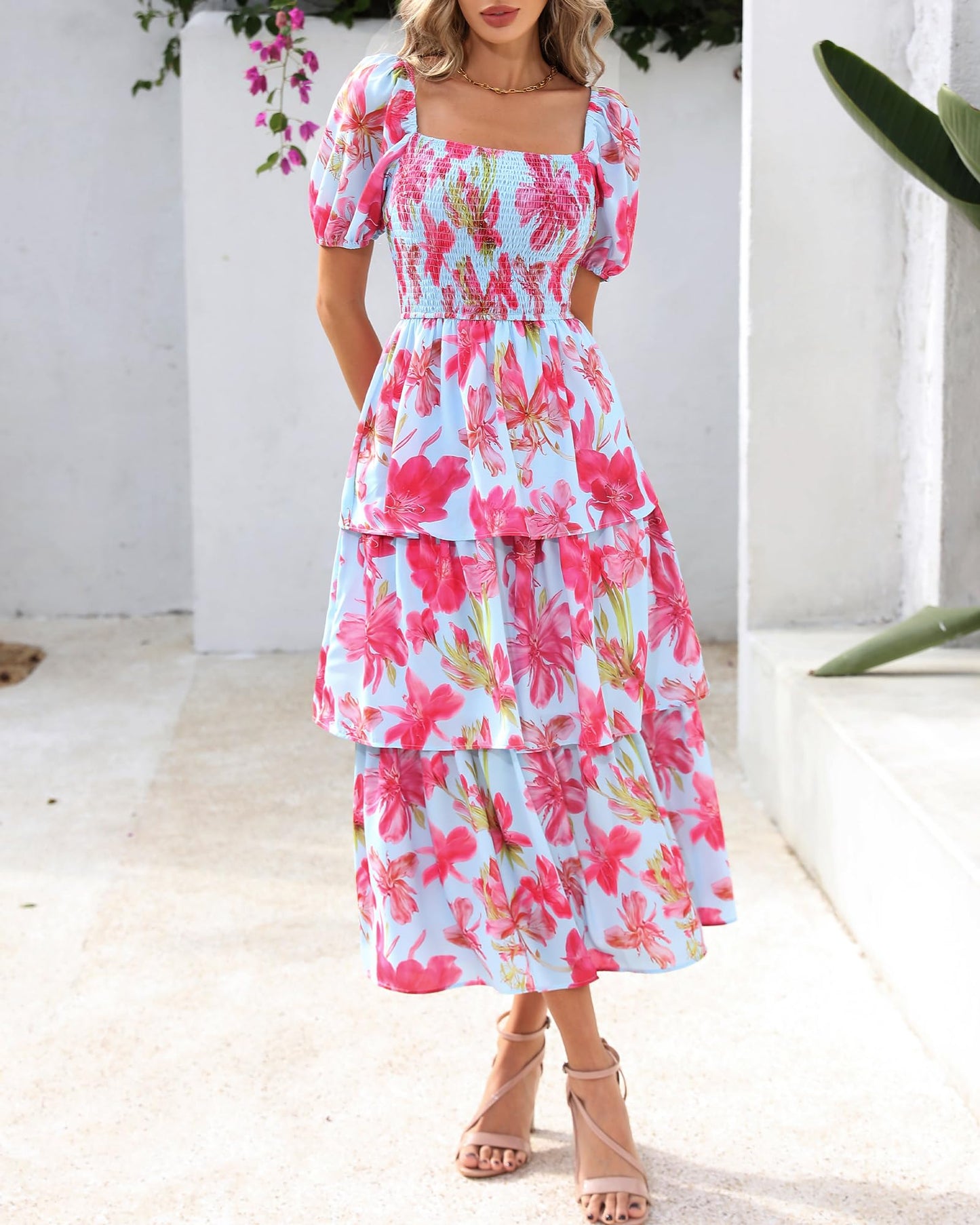 ⏰Sommer-Hot-Sale 50% RABATT💃Damenkleid mit Blumenmuster, eckigem Ausschnitt, Puffärmeln und gerafften Stufen