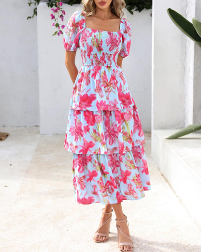 ⏰Sommer-Hot-Sale 50% RABATT💃Damenkleid mit Blumenmuster, eckigem Ausschnitt, Puffärmeln und gerafften Stufen