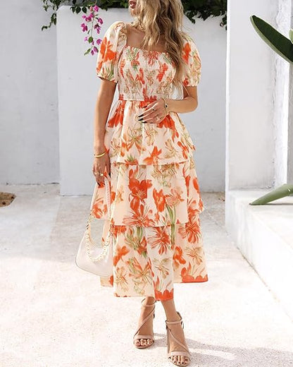 ⏰Sommer-Hot-Sale 50% RABATT💃Damenkleid mit Blumenmuster, eckigem Ausschnitt, Puffärmeln und gerafften Stufen